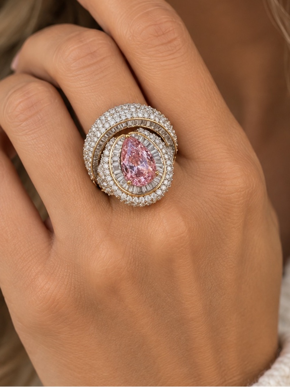 Gold & Silver Cocktail Ring with Pink Teardrop Zircon Center and Crystal Halo